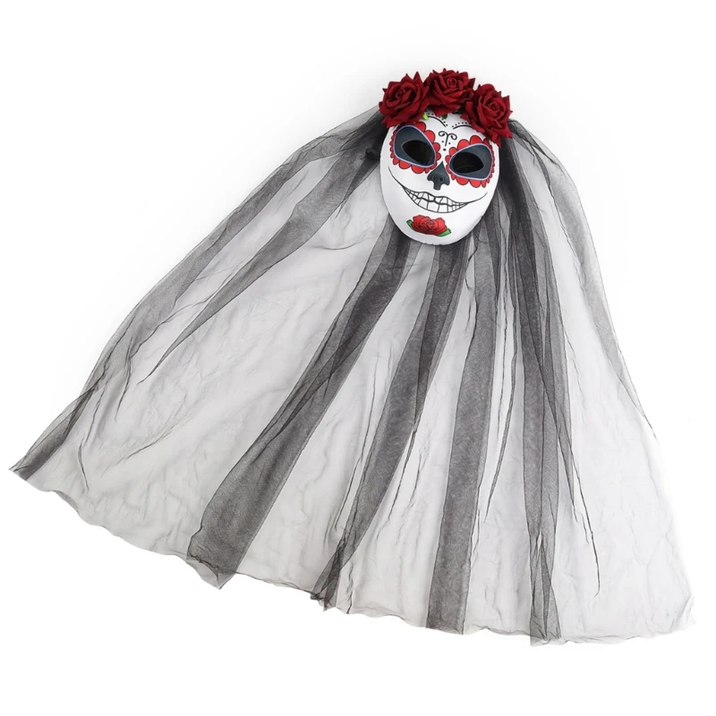 Day of the Dead Mask with Rose Veil Halloween Scary Bride Mask for Women Cosplay