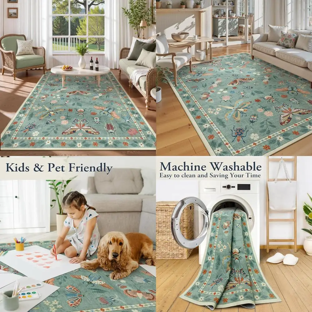 

Green 5x7 Washable Area Rug, Soft and Thin for Living Room/Bedroom, Stain Resistant, Modern Design for Dining Room and Kids' Nur