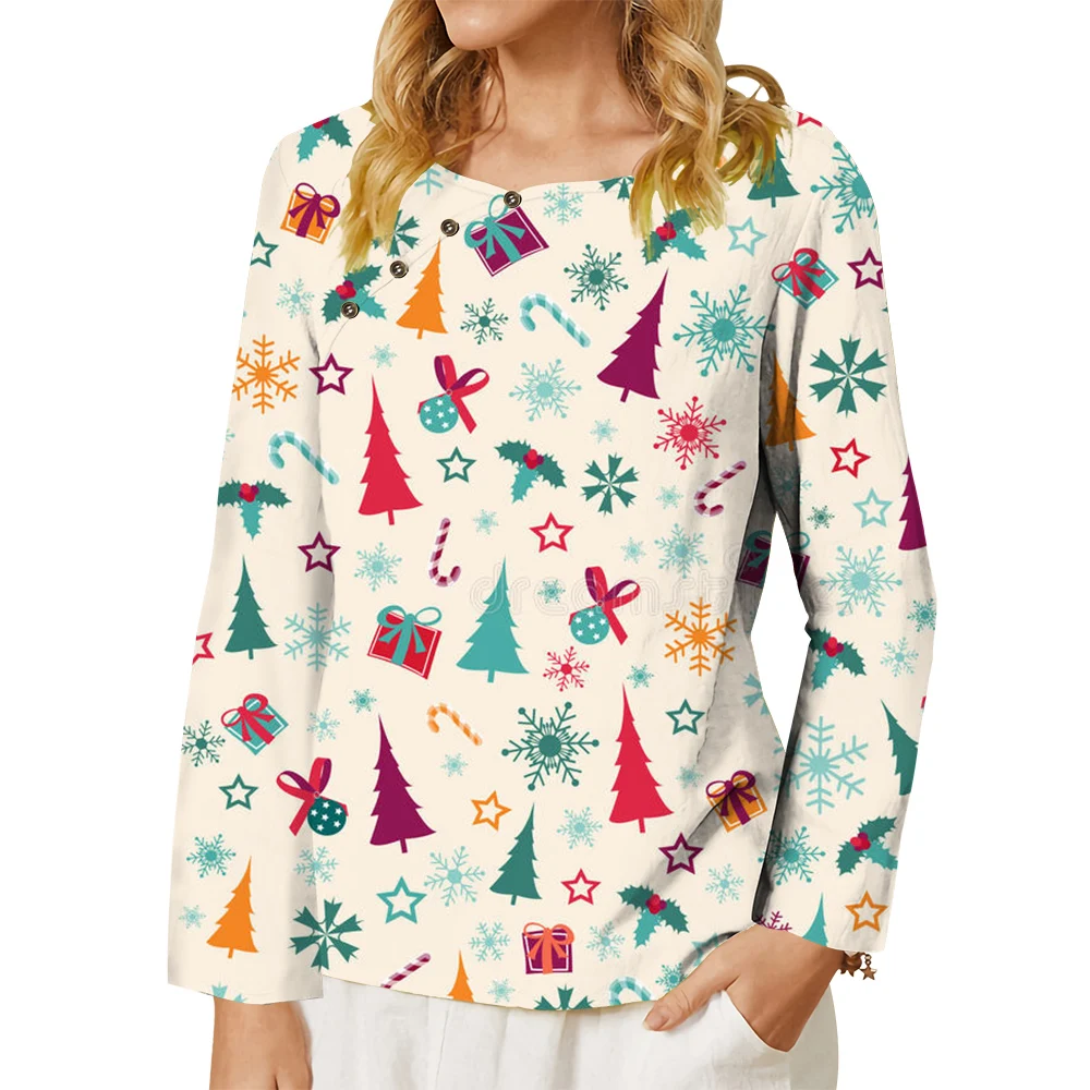 CLOOCL-Camiseta con estampado de copo de nieve para mujer, ropa de fiesta de Feliz Navidad, holgada, informal, de manga larga, blusa Vintage