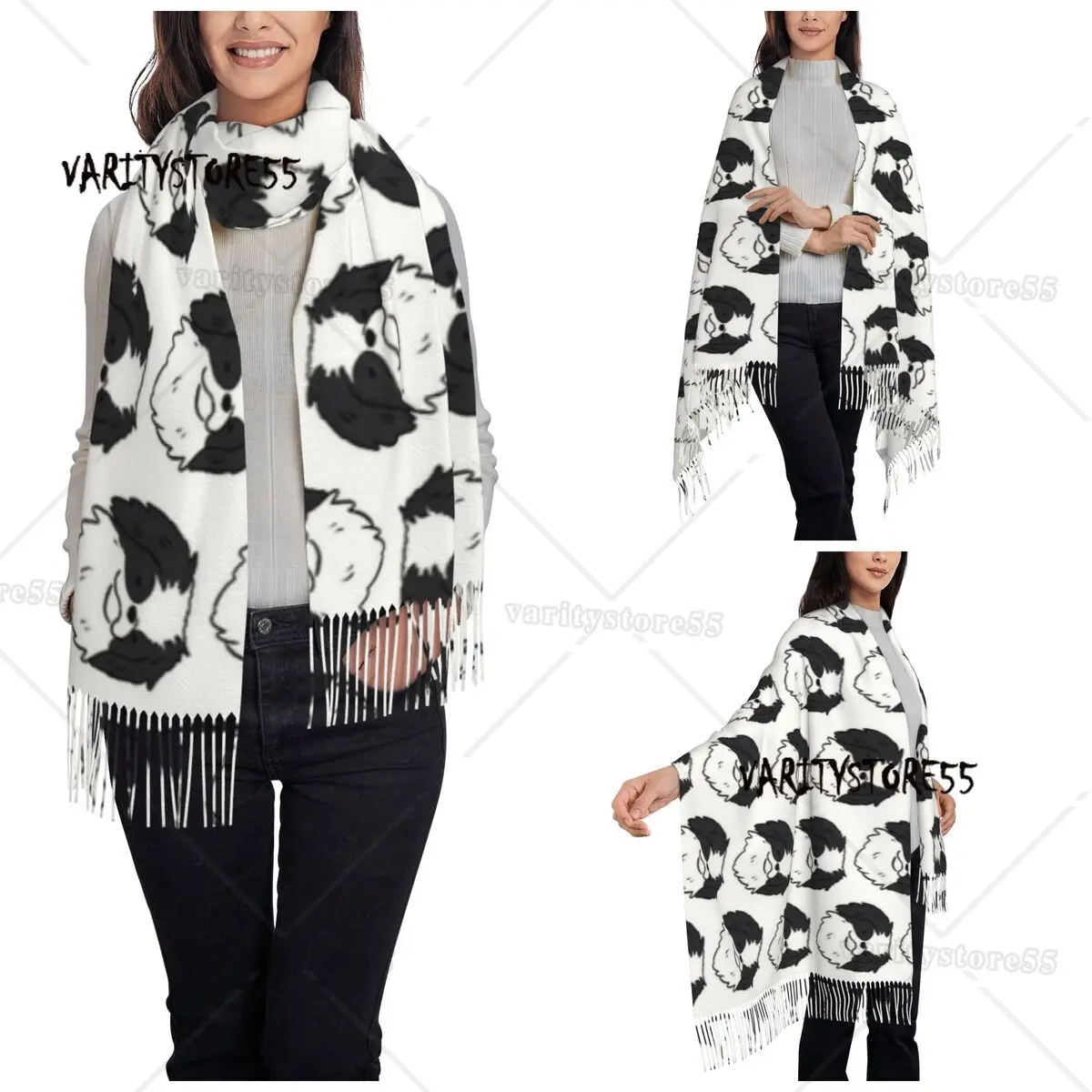 Women's Tassel Scarf Japanese Chin Cute Dog Illustration Large Winter Fall Shawl Wrap Cartoon Daily Wear Cashmere Scarf