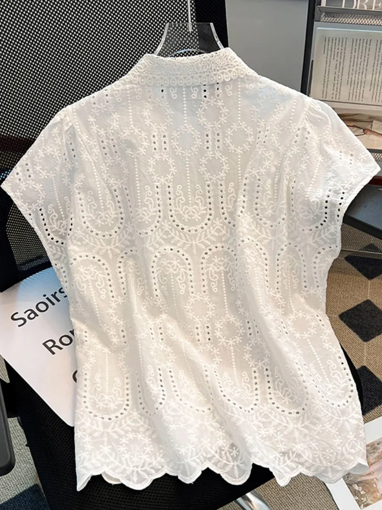 

Ele Embroidered Lace Hollow out ort Sve irt Women Summer Unique Loose Fit Sve Top Korean Sle