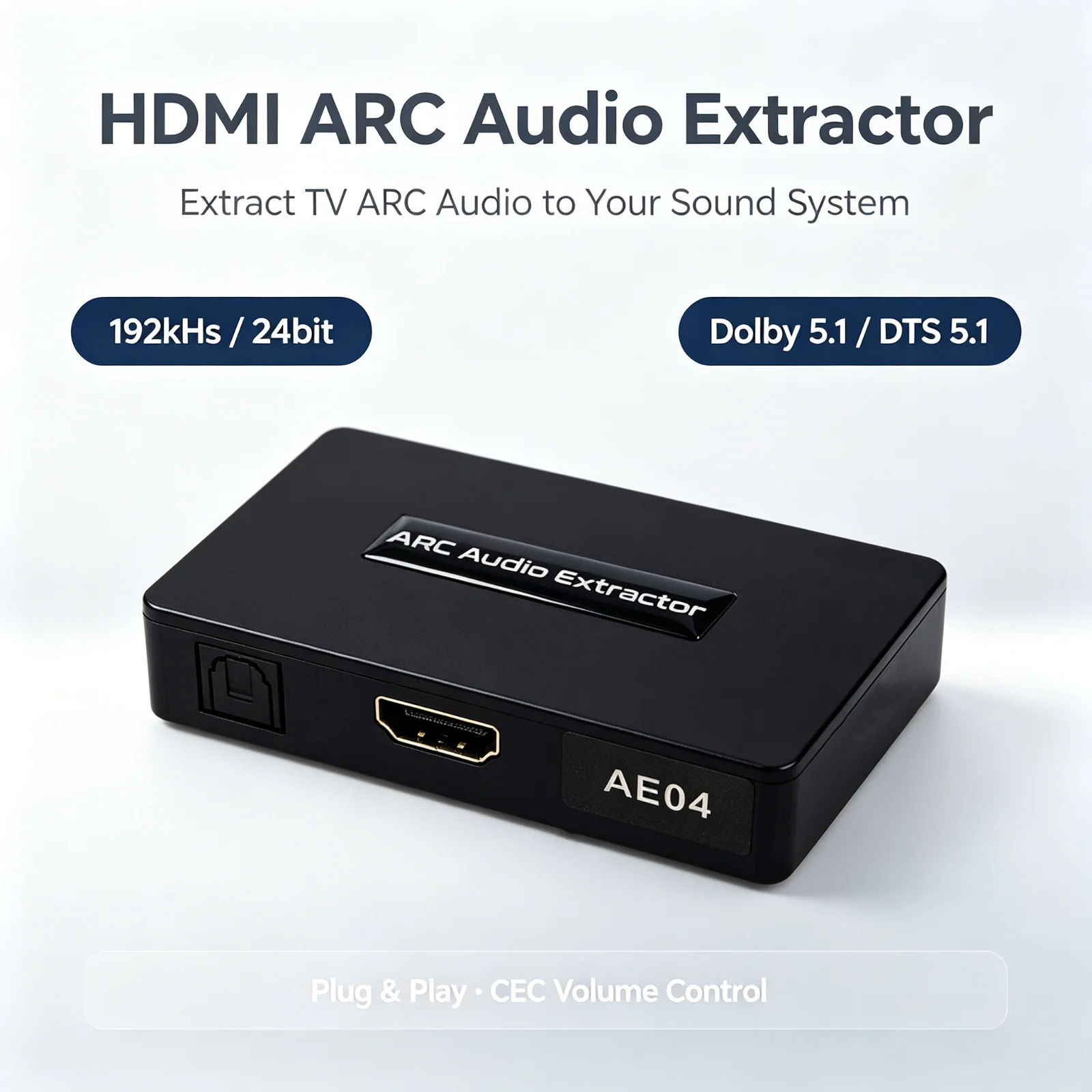 Extrator de Áudio HDMI ARC 192kHz 5.1CH para SPDIF Óptico e Conversor AUX de 3.5mm para TV, Soundbar, Amplificador, Dolby DTS PCM, CEC