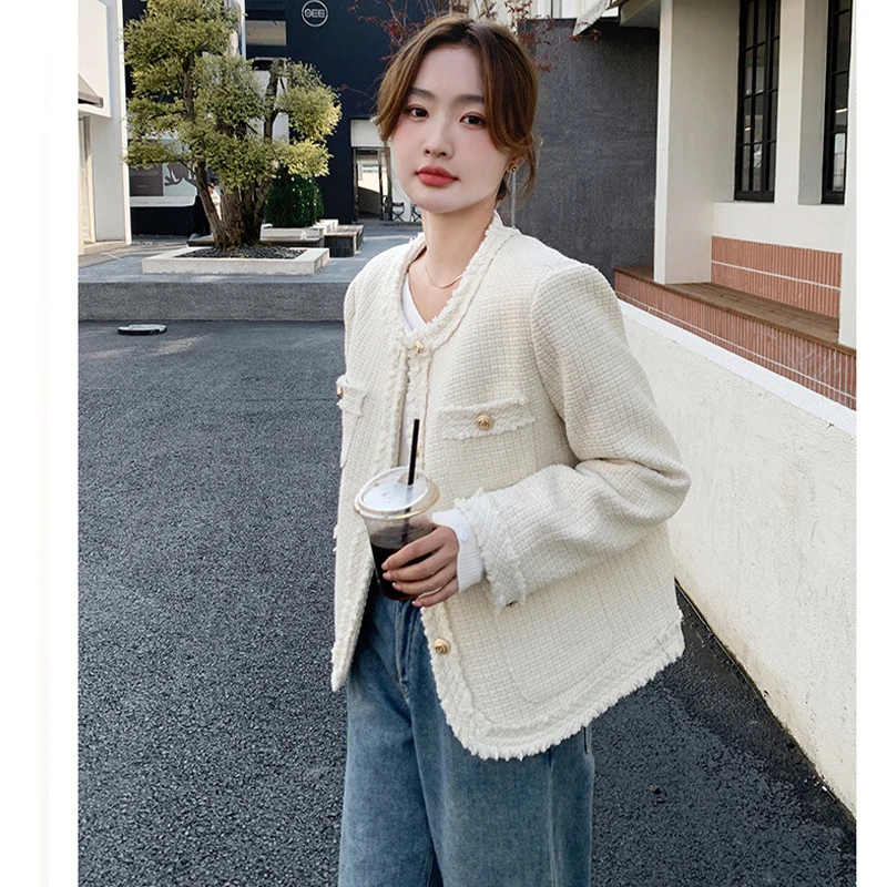 Autumn Women's Clothes French Style Women Tweed Jacket White Coat Korean Chic Streetwear Cropped Short Tops Office Lady Party