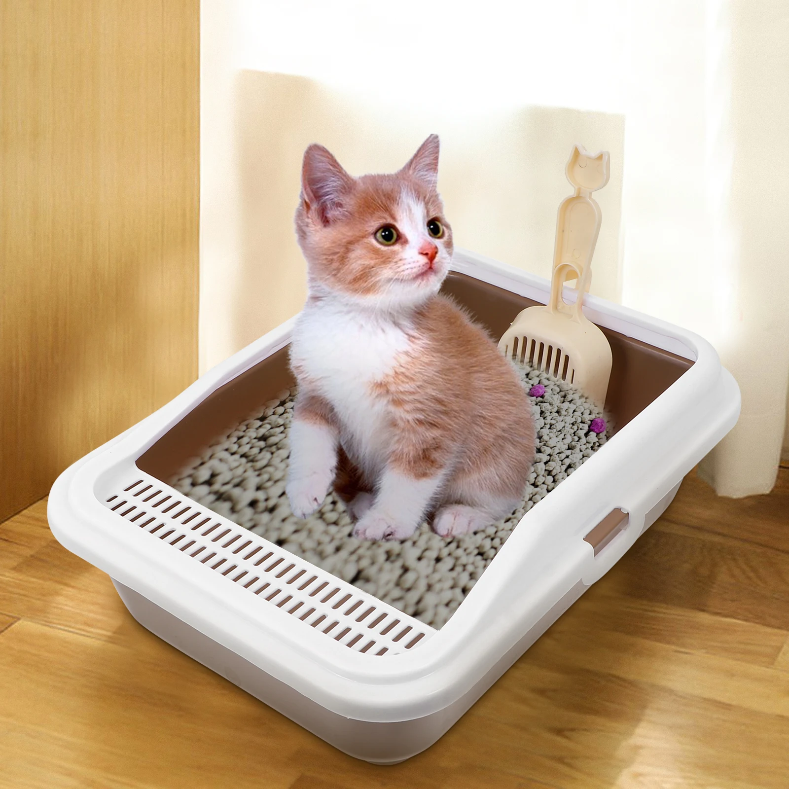 

Cat Litter Box Square Medium Coffee Color Durable Material Easy Clean Semi Enclosed Kitten Pan Hooded Tray Pet Toilet Reduced