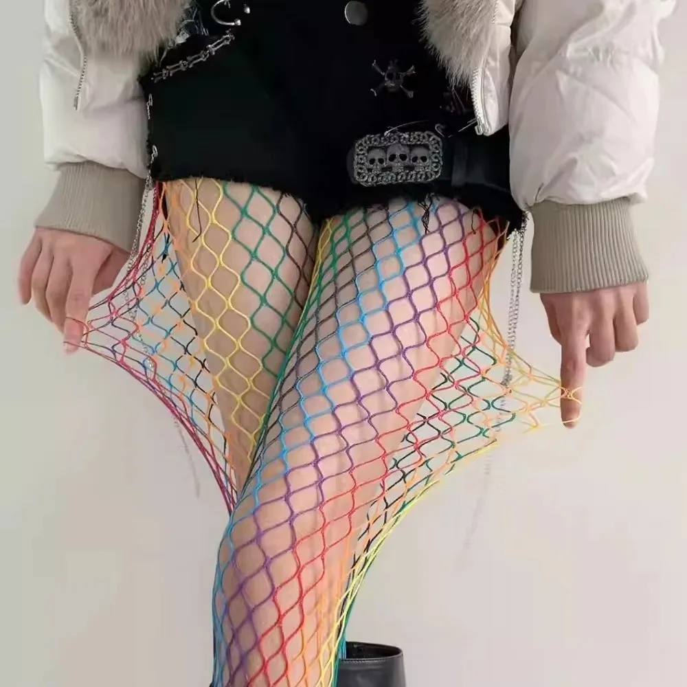 

Крутые колготки в стиле Y2K: радужные, сетчатые, с крупной ячейкой, разноцветные, ажурные, эластичные, прозрачные, для танцев