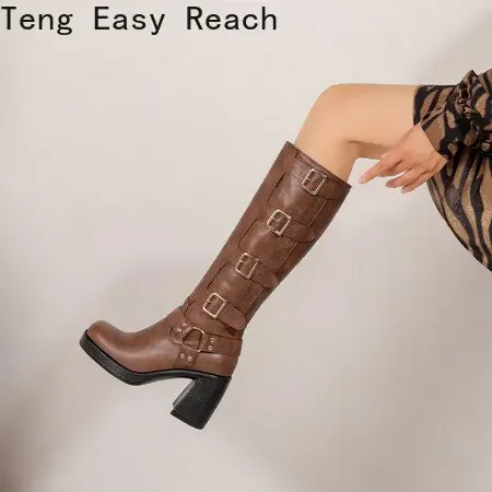 Spring Autumn 2024 Knee High Boots Women Fashion Square Heel Long Boots Woman Leather Shoes Winter Large Size 41