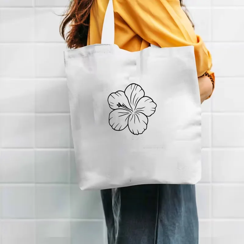

Minimal Single Black Line Hibiscus Flower Print Canvas Tote Bag Soft Handbag For Daily Commute And Casual Outdoor Use