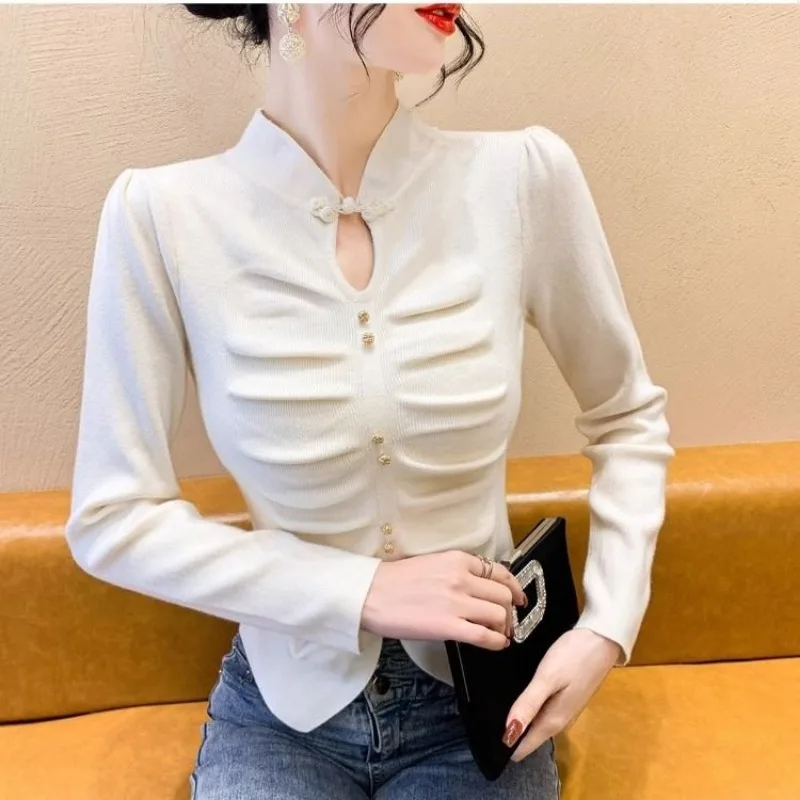 New Pleated Sweater and Sweater for Women Wearing Fashionable Stand Collar and Long Sleeves for Inner Slim Body