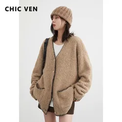 CHIC VEN Women Cardigan Loose New V-neck Knitted Cardigan Female Soft Sweater Woman Jumper Coat Autumn Winter 2023