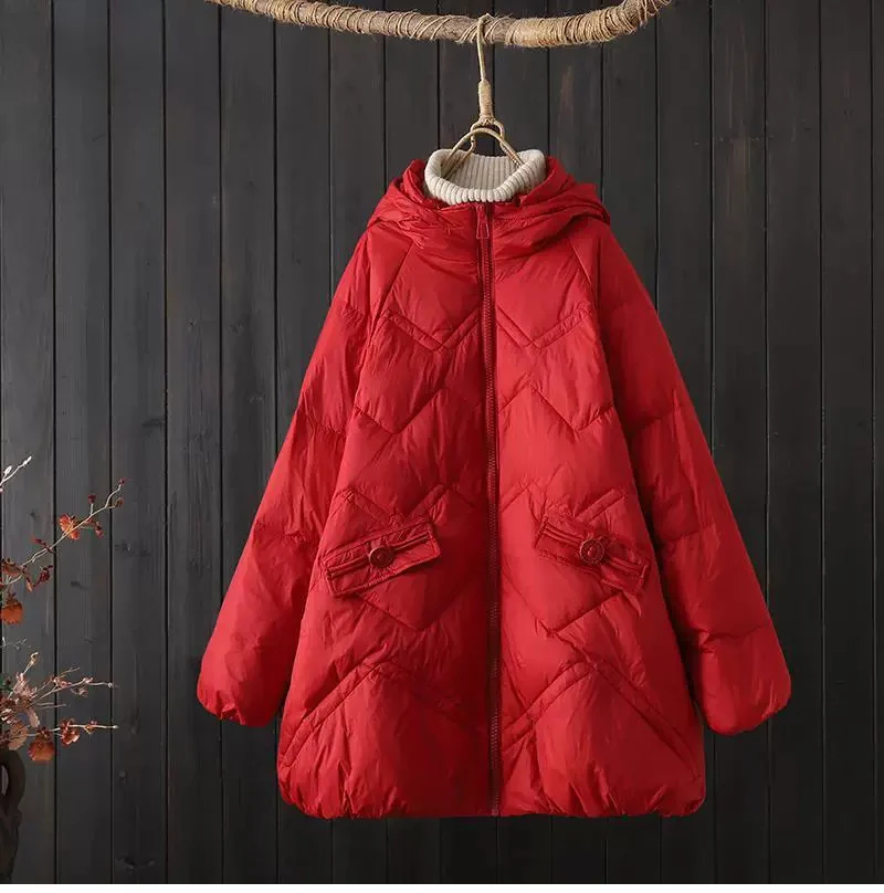Schinteon Women White Down Jacket with Hood Solid Color Loose Casual Warm Autumn Winter A-lined Outwear Parka Coat 2026 New