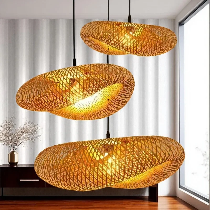 

New Chines Style Bamboo Woven Chandelier Tea Room Creative Corridor Bedroom Restaurant Straw Hat Art LED Lighting Fixture