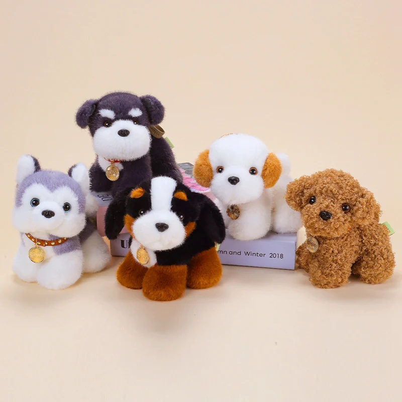 Stuffed Animal Toy Cartoon Dog With Embroidered Eyes Collar Tag And Upright Form For Bedroom Nightstand Shelf Accent Arrangement