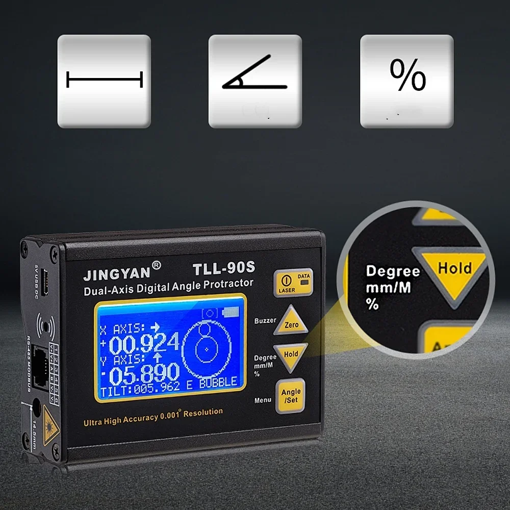 TLL-90S High Precision Laser Angle Protractor 0.005° Dual-Axis Digital Inclinometer 0.001° Magnetic Electronic Level Meter RS485