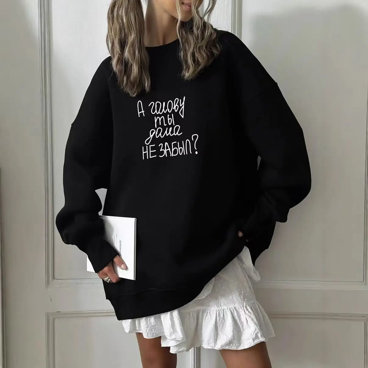 Sudadera negra de manga larga con estampado de letras rusas para hombre y mujer, jersey de primavera y otoño, camisas informales con cuello redondo, Tops 2026