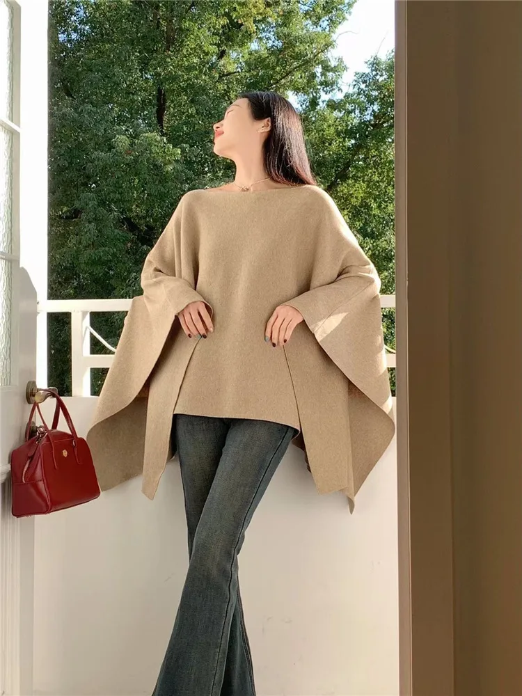 7891 Estilo francés fuera del hombro manga de murciélago chal perezoso escote Irregular capa versátil para mujer