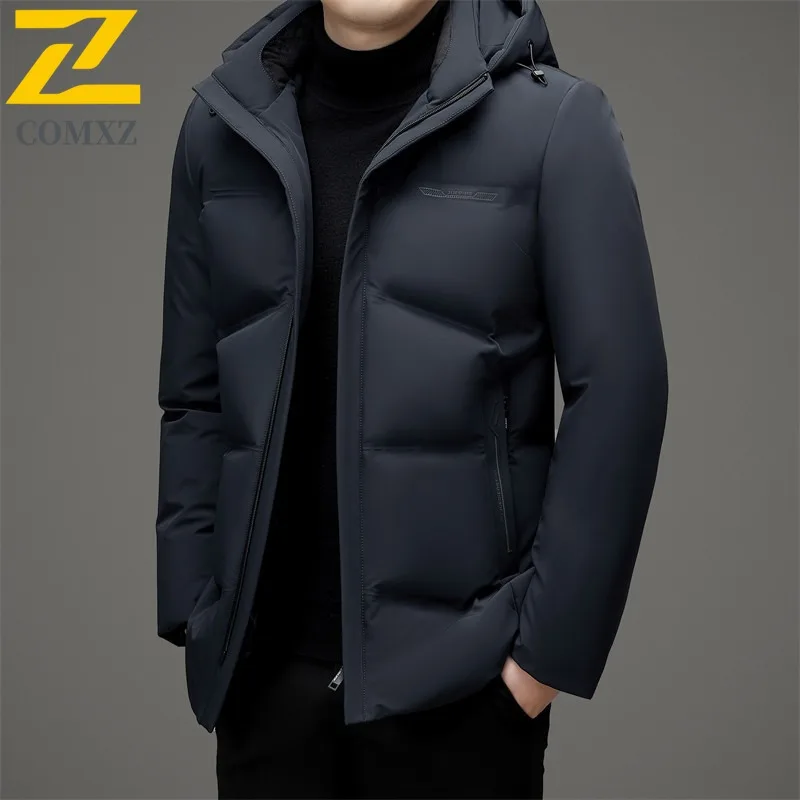 COMXZ Premium Mens Down Jacket 2025 Classic Hooded Outdoor Office Anti-Cold Parka Solid Color Travel Lightweight Winter Coat