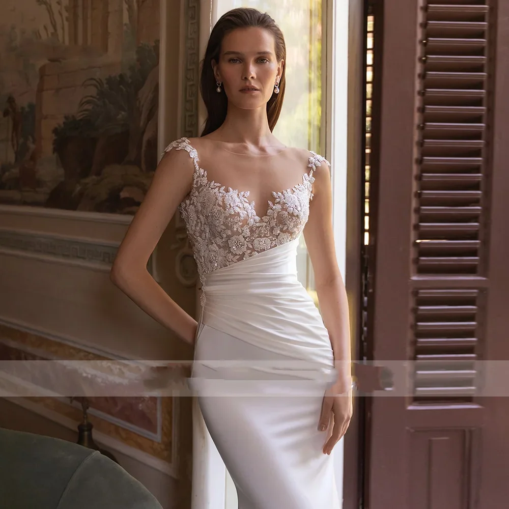 Flavinke カスタマイズされたマーメイドウェディングドレス O ネック キャップスリーブ 取り外し可能なトレーン Vestido De Novia アップリケ サテン製ブライダルドレス