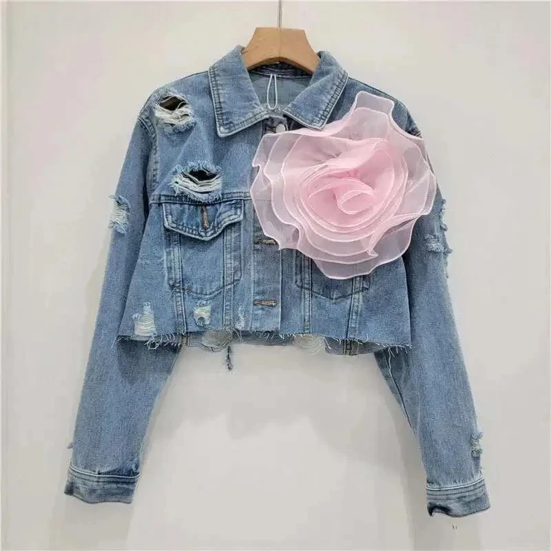 3D-Blumen-Batik-Jeansjacke für Damen, personalisiert, kurz, 2024, neue Mode, High-Street-Stil, mit Löchern, Damenjacke 11XX9276