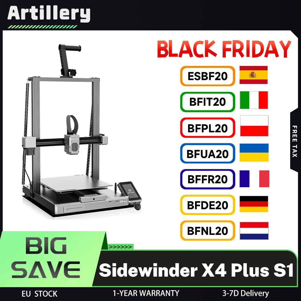 Imprimante 3D Artillery Sidewinder X4 Plus S1, rail de guidage linéaire en métal XY, 300*300*400mm, vitesse d'impression 500 mm/s, nivellement automatique, Linux