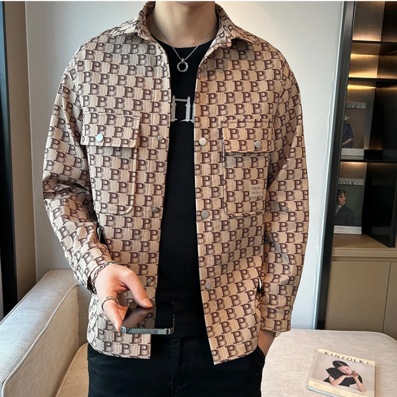 Korean Fashion Letter Printed Jacket for Men Autumn Multi Pocket Lapel Casual Shirt Jackets Versatile Casual Youth Outwear Coats