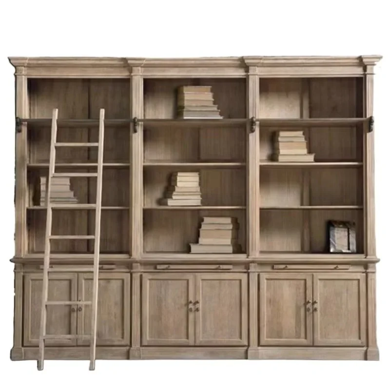 

American rural oak solid wood large bookcase combination French weathered retro bookshelf with ladder