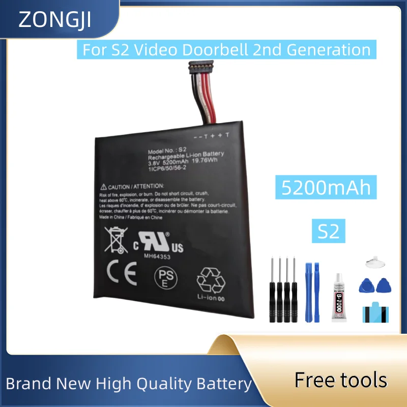 New Battery 3.8V 5200mah For S2 Video Doorbell 2nd Generation Replacement Battery 1ICP6/50/56-2 + Free Tools