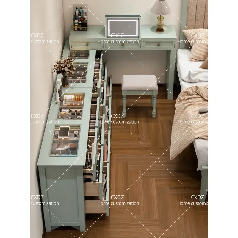 Solid Wood Corner Dressing Table with Glass Jewelry Cabinet and Bay Window Mirror Integrated Chest for Bedroom