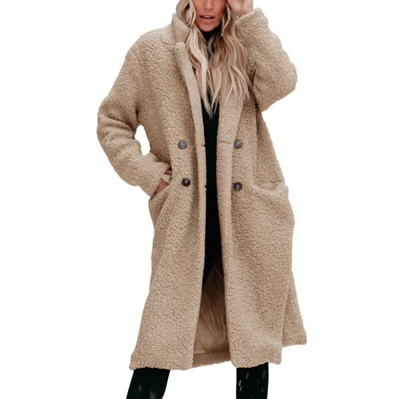 2023 Winter New Women Long Below The Knee Solid Color Plush Coat Female Temperament Slim Casual Thicken Warm Lambs Wool Outwear