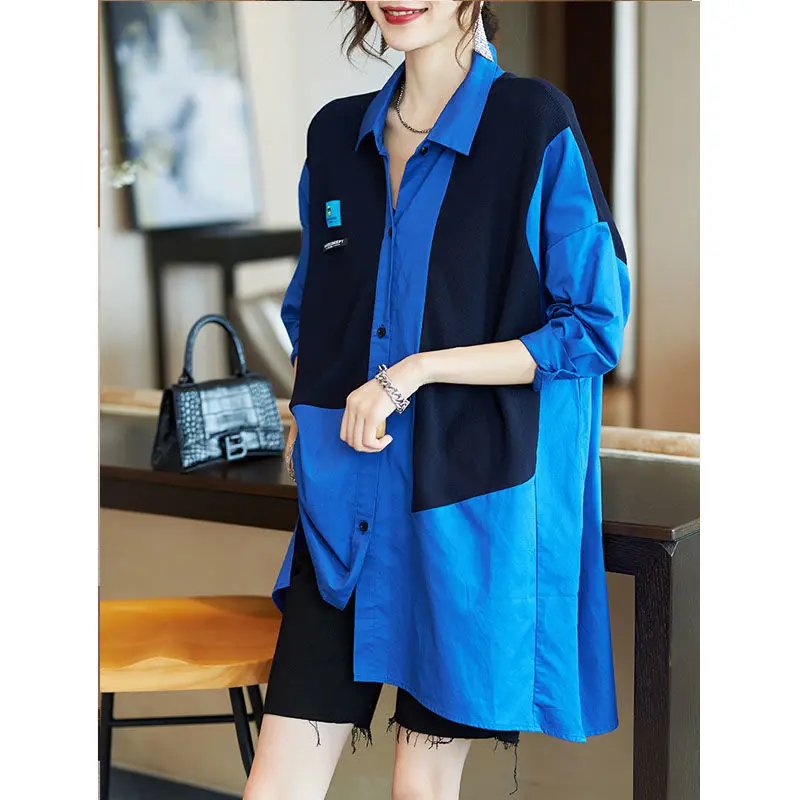 Contrasting Colors Spliced Fashion Midi Shirt for Women Casual Streetwear All-match Long Sleeve Split Irregular Polo-Neck Blouse