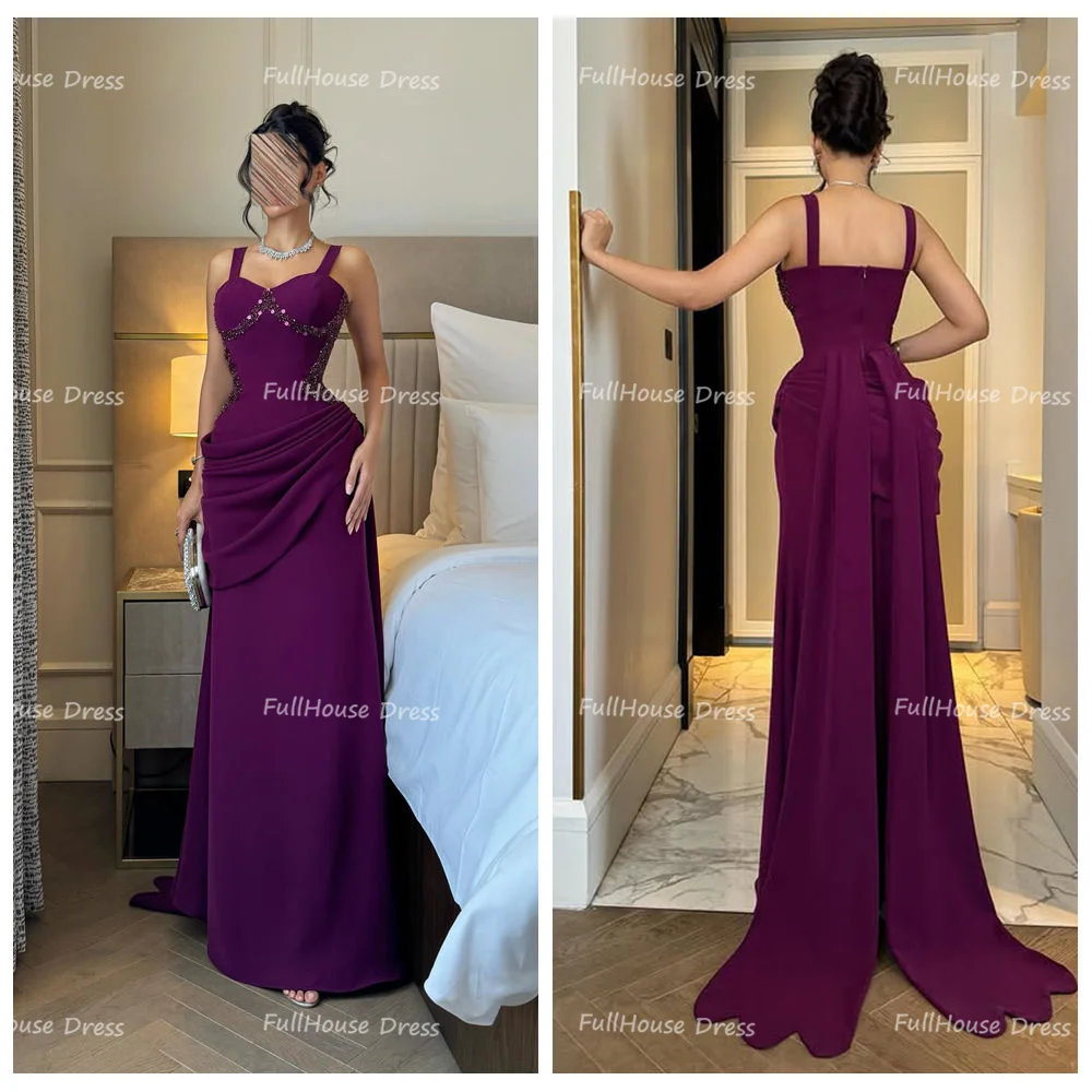 

Custom Made Spaghetti Straps Pleated Sexy Sheath Evening Gown Backless Beading Sequins Shiny Saudi Arab Dress with Court