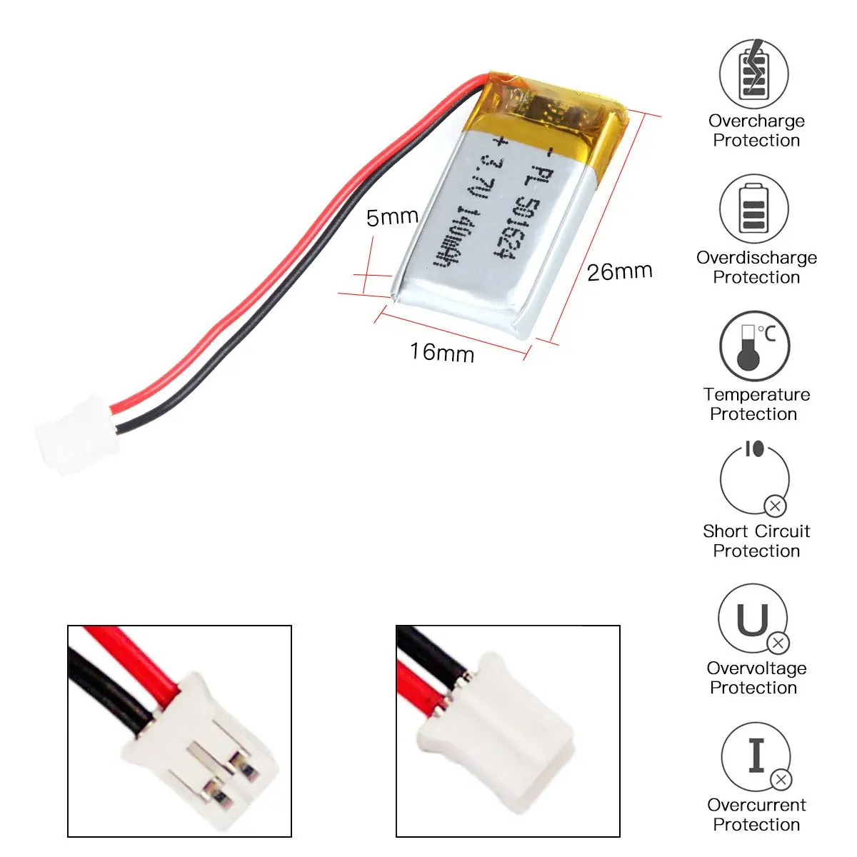 Akzytue 3.7v 140mah 501624 bateria lipo recarregável comprimento 26mm