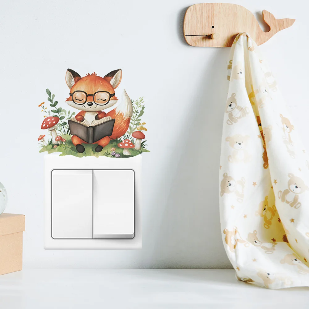 Cartoon Reading Little Fox Switch Sticker For Kids Room Home Decoration Mural Children's Bedroom Decor Self-adhesive Wall Decals