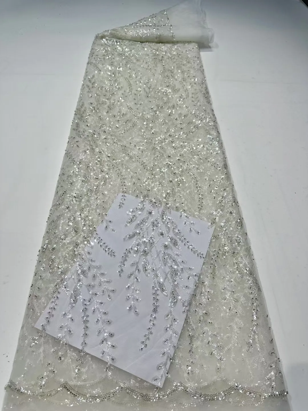 French Lace Fabrics 2026 High Quality African Beaded Embroidered Nigerian Sequins Tulle Lace 5 Yards For Sewing Party Dresses