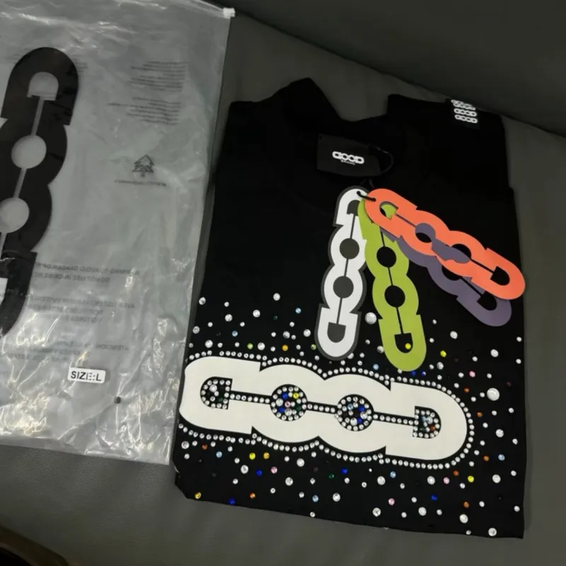 Colorful Hotfix Rhinestone Letter Print GOODBRAND Tshirts Black White Casual Short Sleeve Men Women Top Tees Casual Streetwear