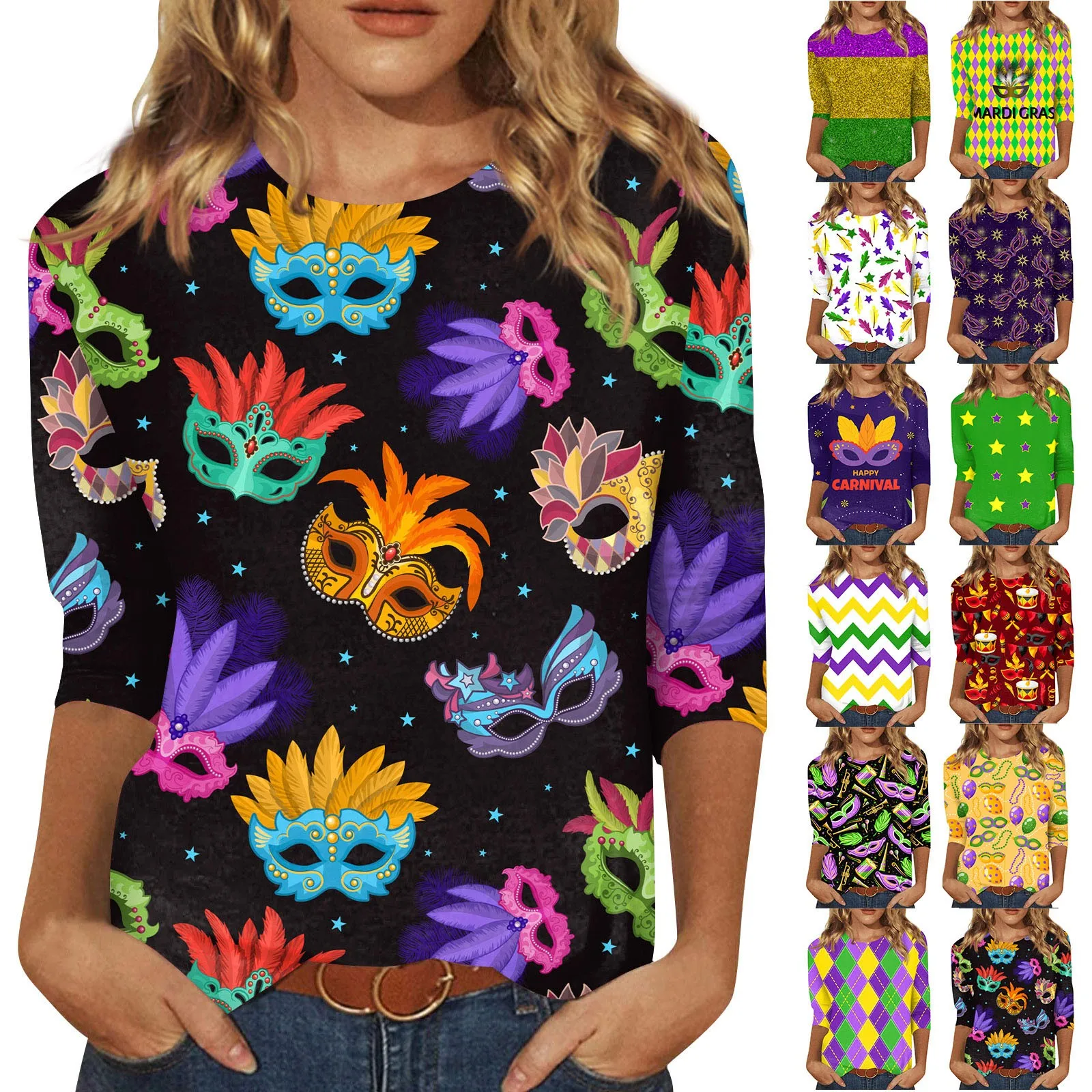 Women Three Quarter Sleeves T-Shirt Carnival Theme Print Graphic Tees Blouses Daily Basic All-Match Plus Size Round Neck T-Shirt