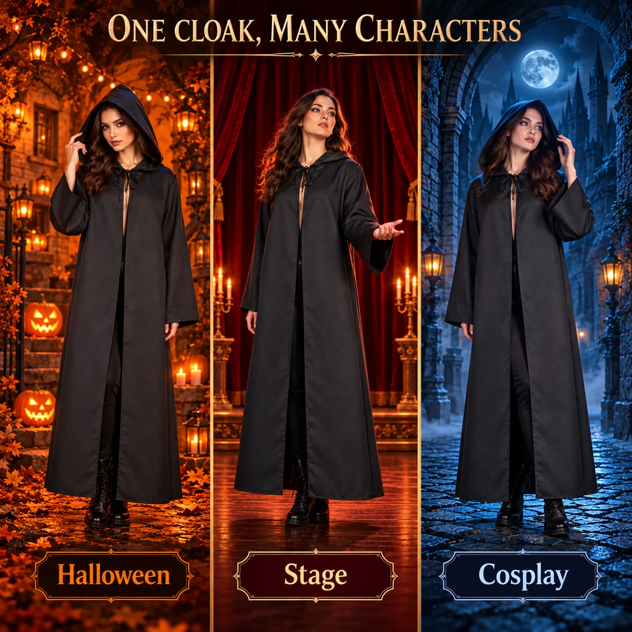 Unisex Medieval Hooded Cloak – Full-Length Black Robe for Halloween, Cosplay & Stage Performances