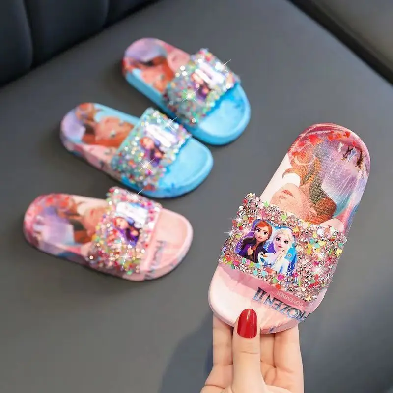 Disney Bling pantofole ragazze bagni Cartoon Frozen Princess Elsa sandali Summer Beach scarpe da pavimento per la casa dei bambini regali per bambini