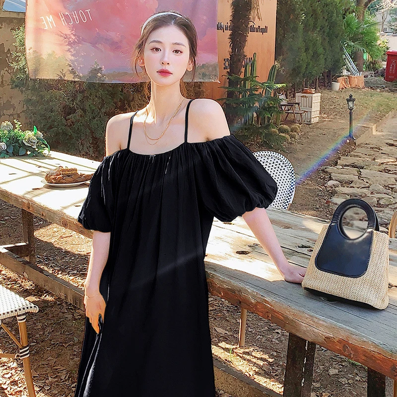 Women Loose Fitting Shoulder Length Long Dress Temperament Suspender Summer Dress