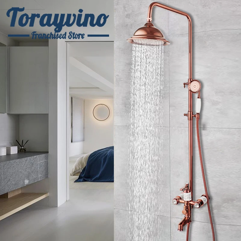 Torayvino Wall Mounted Shower Set Bathroom Rose Golden Plated Rainfall Shower Head Rotatable Lower Outlet Hot Cold Mixer Taps