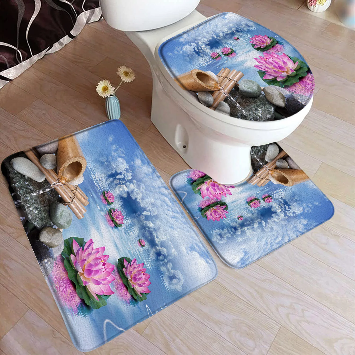 Zen Bath Mat Set Green Bamboo Buddha Swan Pink Lotus Flowers Spa Scenery Home Doormat Bathroom Decor Floor Rugs Toilet Lid Cover