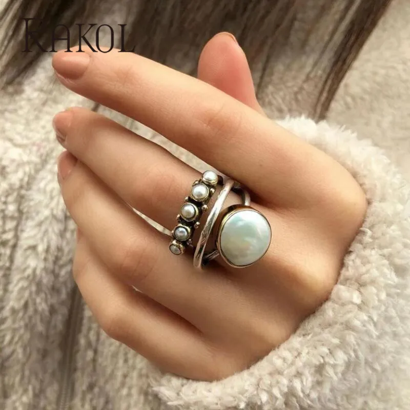 RAKOL Retro Round Pearl Rings For Women Silver Color Make Old Style Three Layer Open Ring Fashion Jewelry