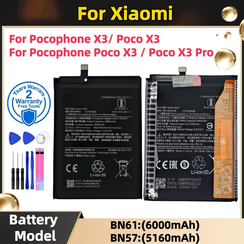 High quality BN61 BN57 6000mAh Phone Battery For Xiaomi Pocophone X3 NFC Poco X3 Pro Replacement Batteries+Tools