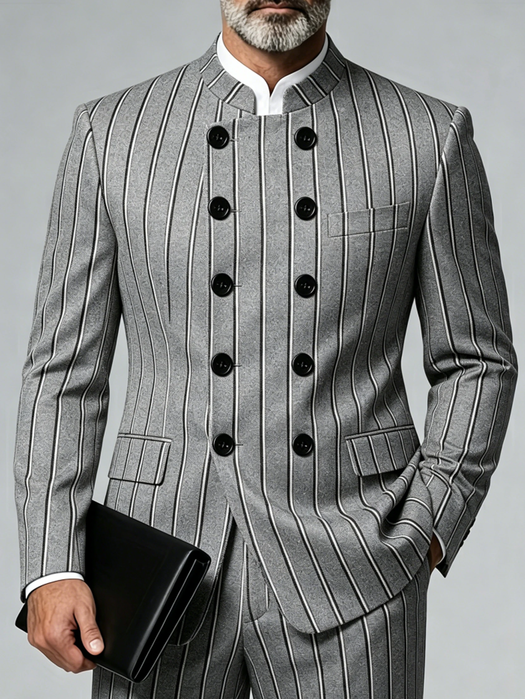 Men's Luxury Classic Blazer Grey Stripe Double‑Breasted Mandarin‑Collar Plus Size Casual Jacket for Wedding Prom Formal Party