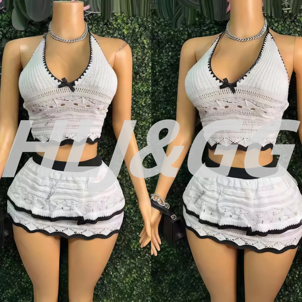 

HLJ Sexy Stripe Knitted 2 Pieces Set for Woman Outfit Spaghetti Strap Deep V Neck Crop Tops and Short Suit Hot Girl Streetwear