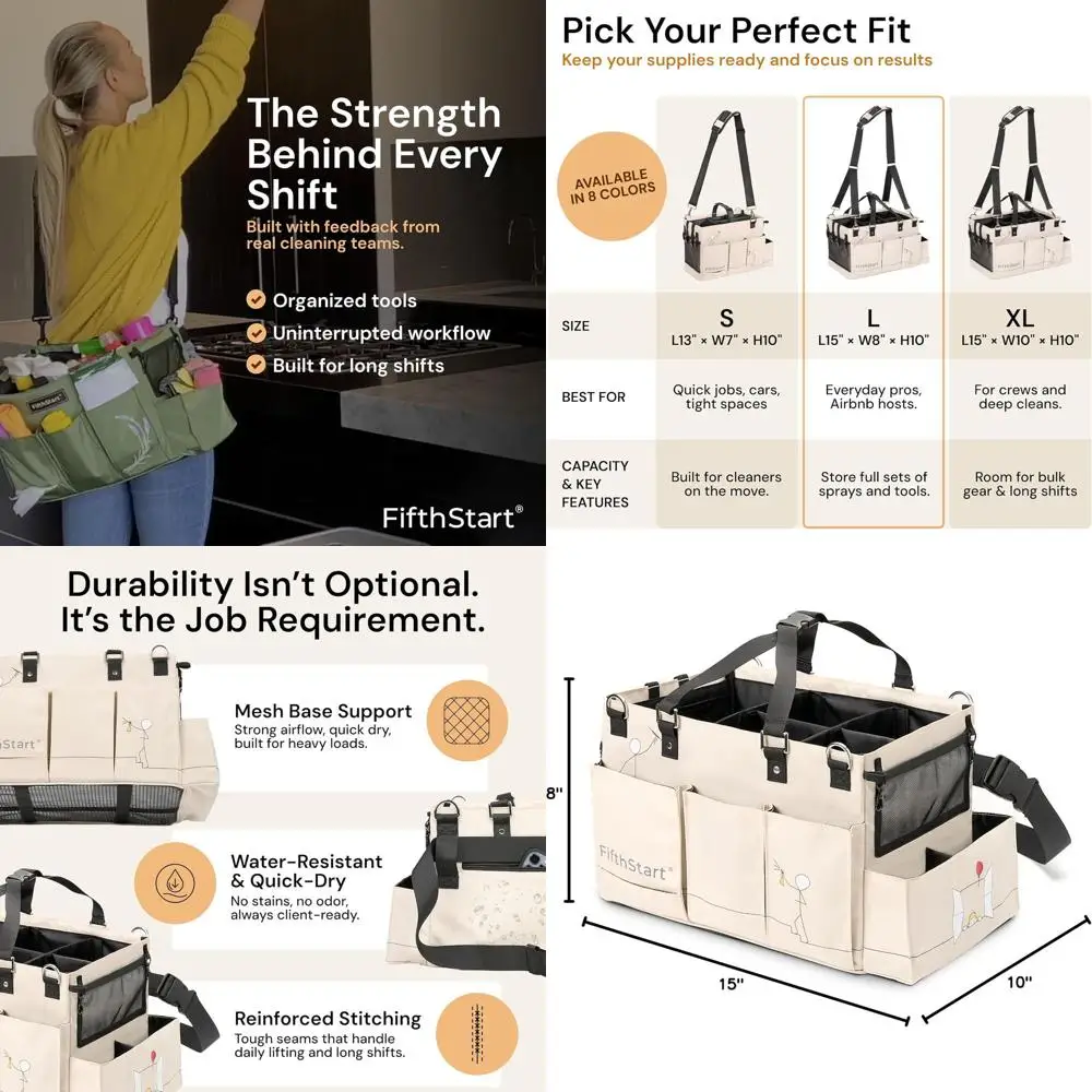 

Большая бежевая чистящая сумка с поясом и лямками, 9 карманами, сетчатой основой и регулируемыми секциями — профессиональная сумка-органайзер