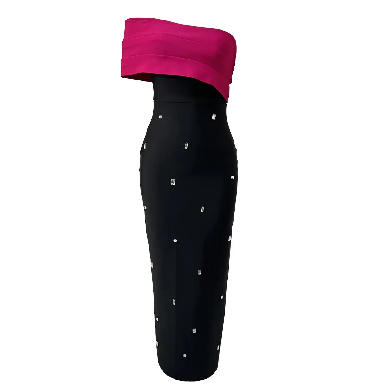 

New Multi-color Fashionable Elegant One-shoulder Off-shoulder Light Luxury Rhinestone Bandage Dress Evening Gown