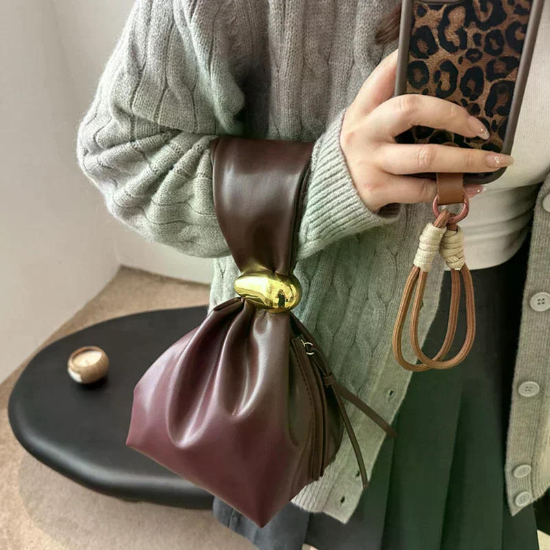 Personalised PU Soft Leather Clutch Vintage Luxury Designer Women's Pleated Mini Bucket Bag Side Zip Party Evening Bag