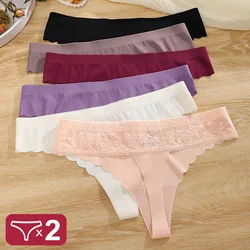 2PCS Women Seamless Panties Lace Sexy Back Waist Smooth Thongs Low Rise Solid Color No-Show Scallop Hiphugger Soft Lingerie