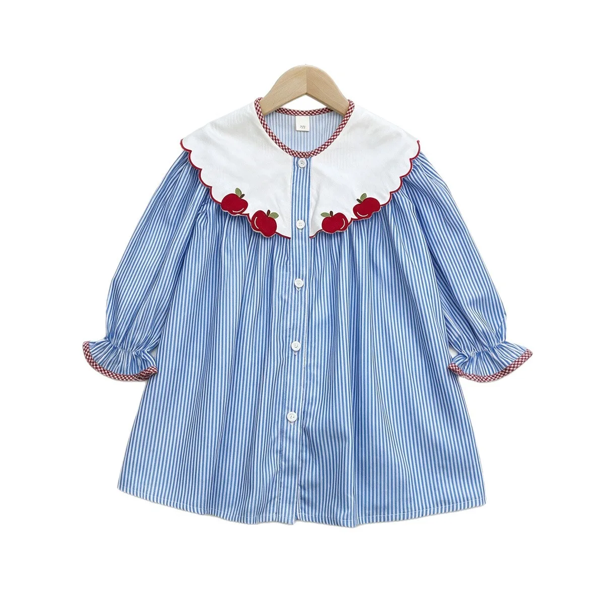 Girls Long Sleeve Shirt Dress 2026 Spring Autumn New, Vintage Unique Design Apple Print Korean Kids Dress For Little Girls