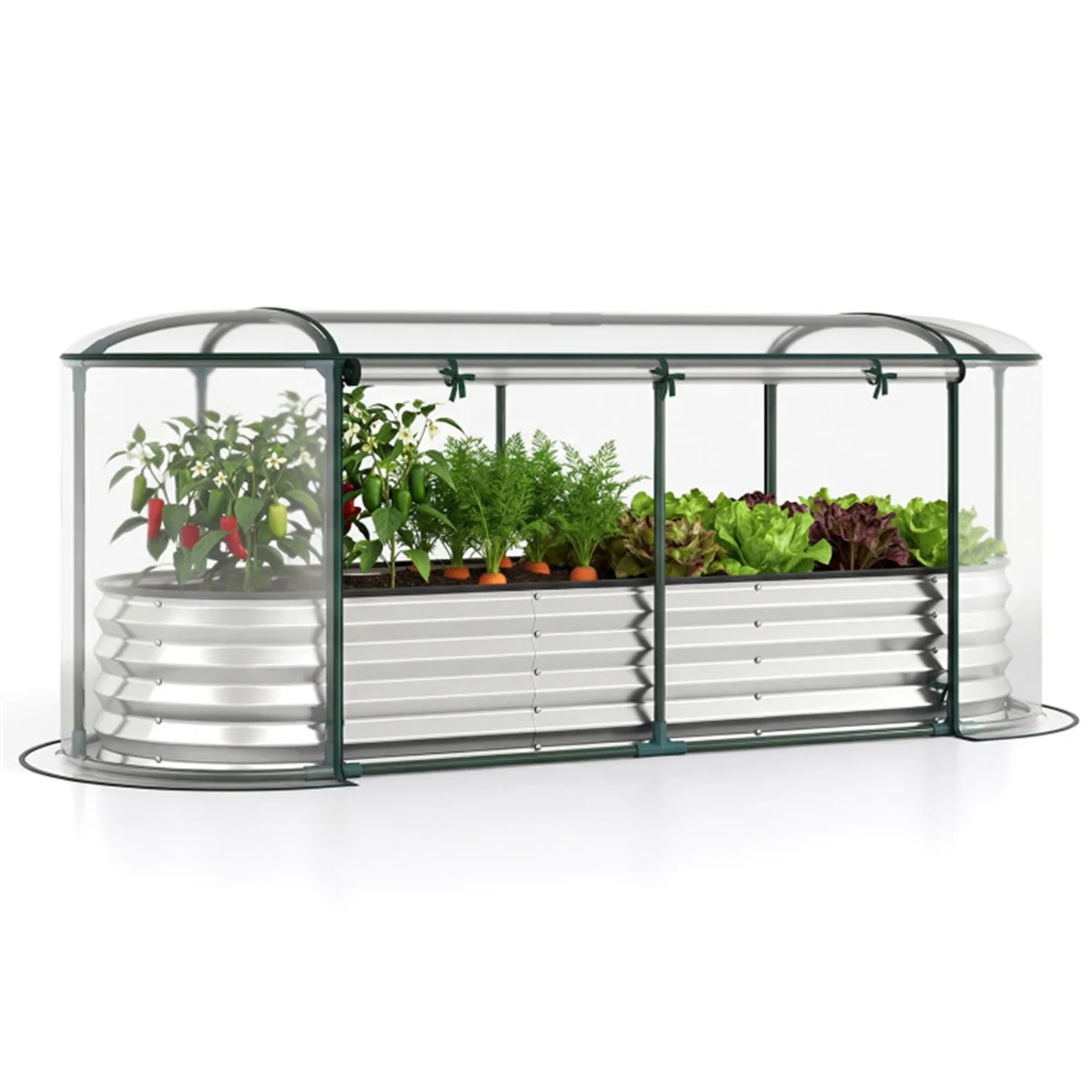 3-in-1 Raised Garden Bed with Greenhouse Cover, Galvanized Steel Planter Box for Year-Round Growing - Silver